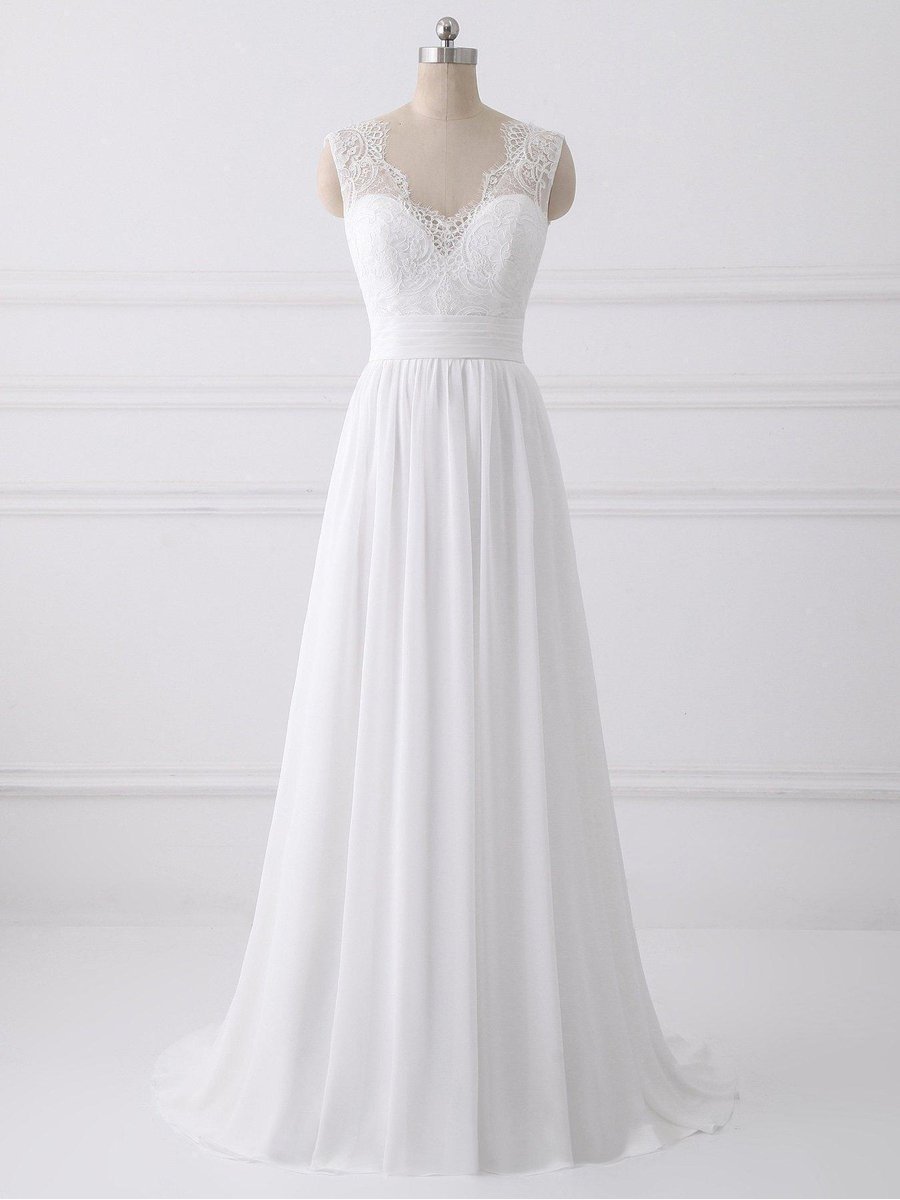 A-line V-neck Lace Bodice Ivory Chiffon Beach Wedding Dresses SWD0035 ...