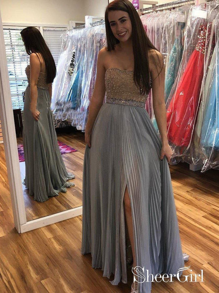 A-line/Princess Beaded Bodice Strapless Long Prom Dresses with Split A ...