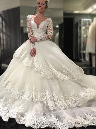 Ball Gown V-neck Long Sleeves Cathedral Train Royal Wedding Dresses ...