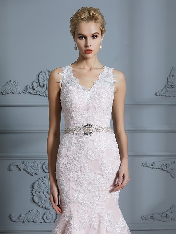 Blush Pink Mermaid Wedding Dresses Lace Applique Beaded Vintage Wedding Dresses Sheergirl 7445