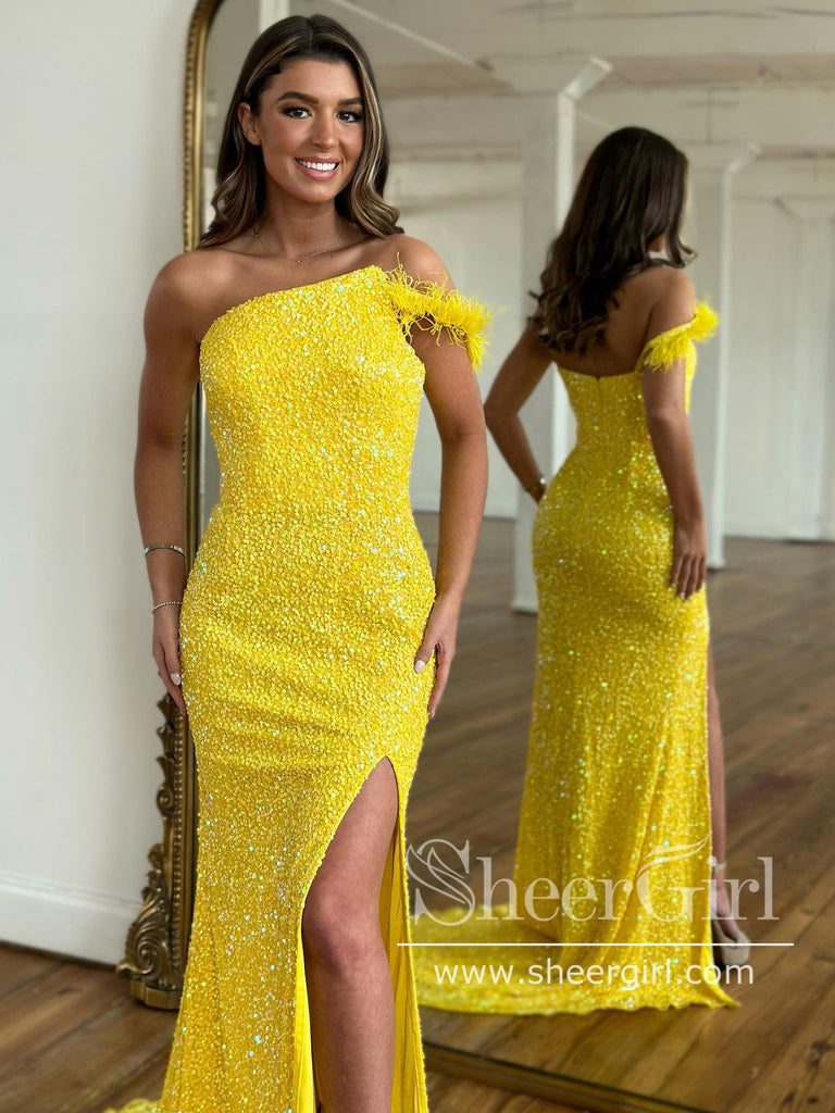 Bright Yellow Single Shoulder Sparkly Prom Dresses with Slit Sheath Fo ...