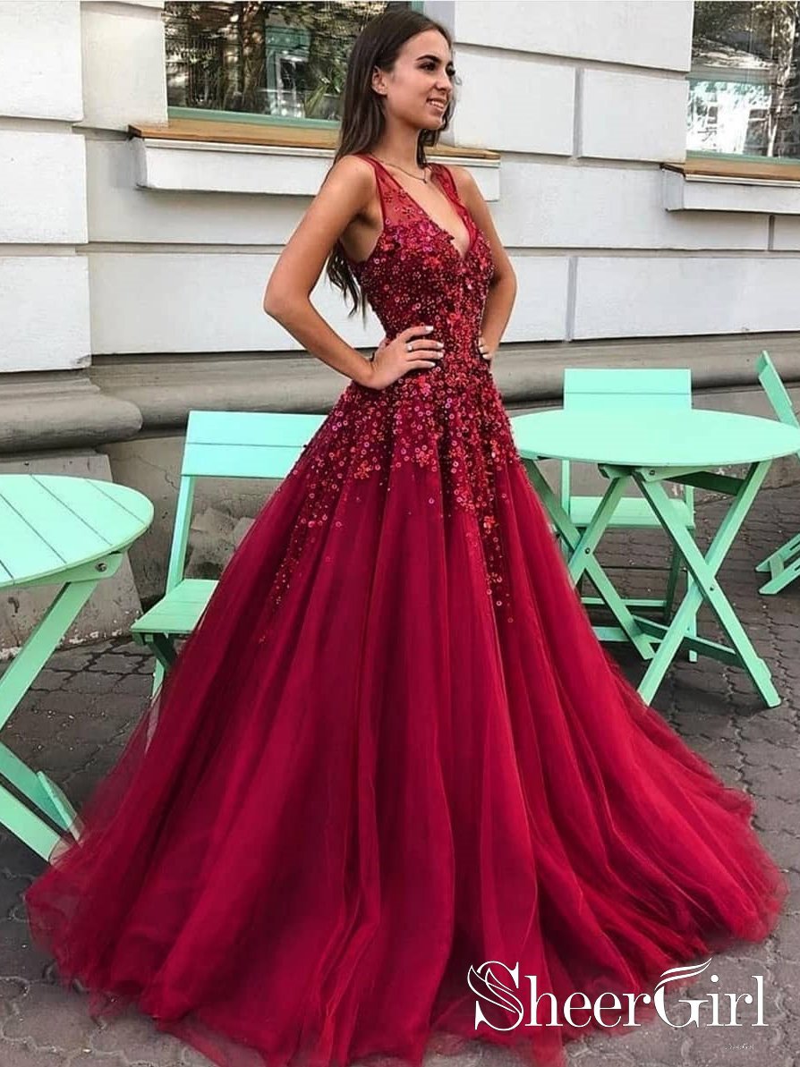 Burgundy A Line Deep V Neck Evening Dress with Beadings and Sequins Fl ...