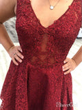 Dark Red V Neck Lace Homecoming Dresses Lace Applique Short Prom Dress ARD1705-SheerGirl