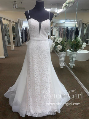 Floral Lace Sheath Wedding Gown with Detachable Bow Tie Train Wedding Dress  AWD1725, SheerGirl