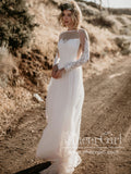 Flowy Illustion Long Sleeve Lace Appliqued Ivory Beach Wedding Dresses AWD1876-SheerGirl