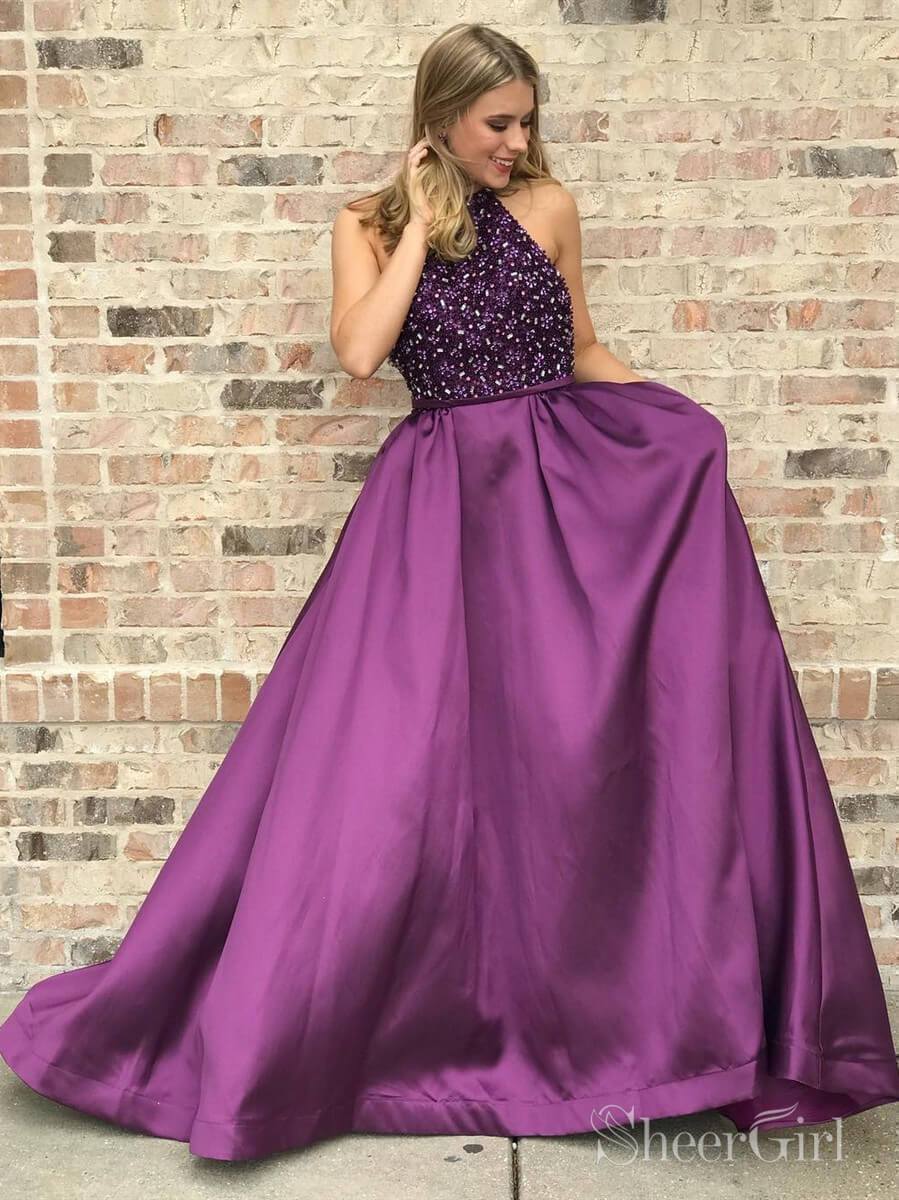 Halter Purple Long Prom Dresses Beaded Elegant Junior Prom Dress 2019 ...