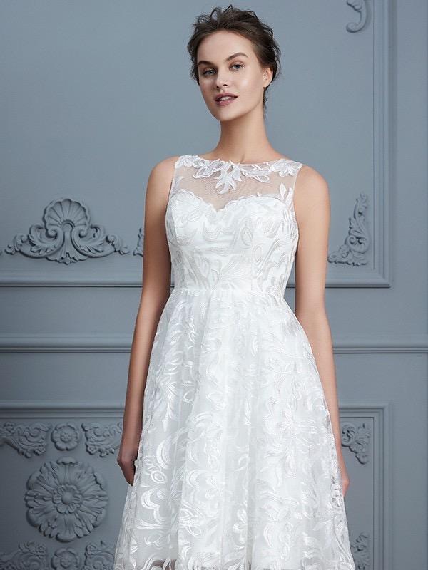 High Low Lace Wedding Dresses See Through Floral Ivory Beach Wedding ...