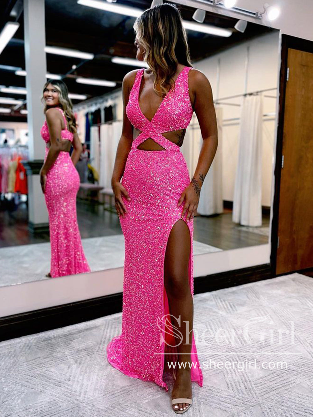 Hot Pink Crossed Bodice High Slit Party Dress Mermaid Long Prom Dress ...