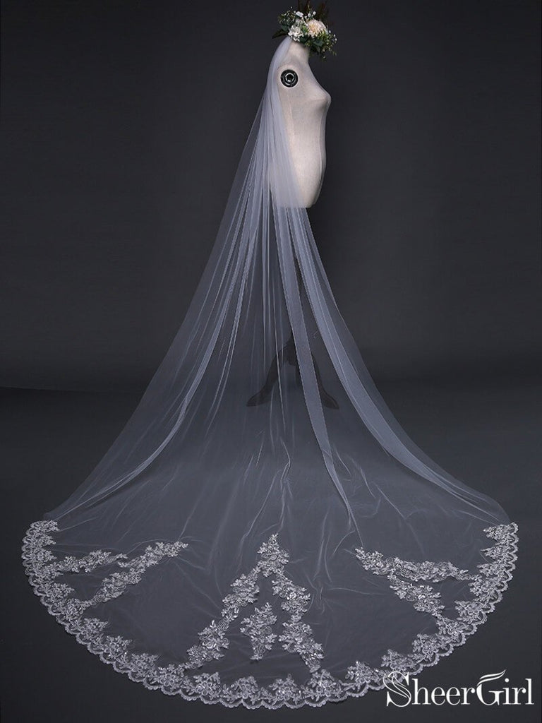 Ivory Cathedral Veils with Lace and Beaded Hemline ACC1076 – SheerGirl