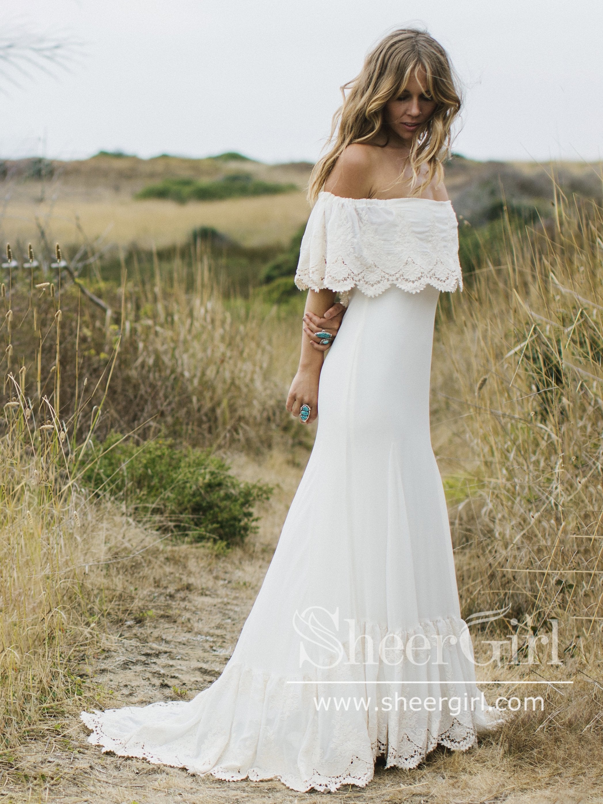 Ivory Lace Off Shoulder Wedding Dresses Bohemian Beach Wedding