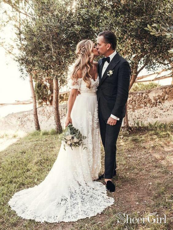 Ivory Rustic Lace Wedding Dresses Off the Shoulder Beach Wedding Dress ...