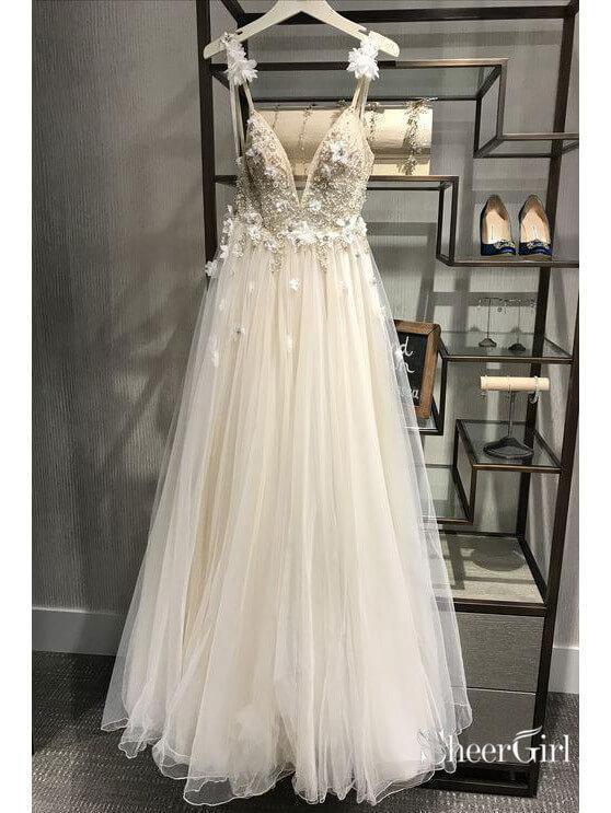 Ivory Tulle Beaded Wedding Dresses Spaghetti Strap V Neck Bridal Dress AWD1311-SheerGirl