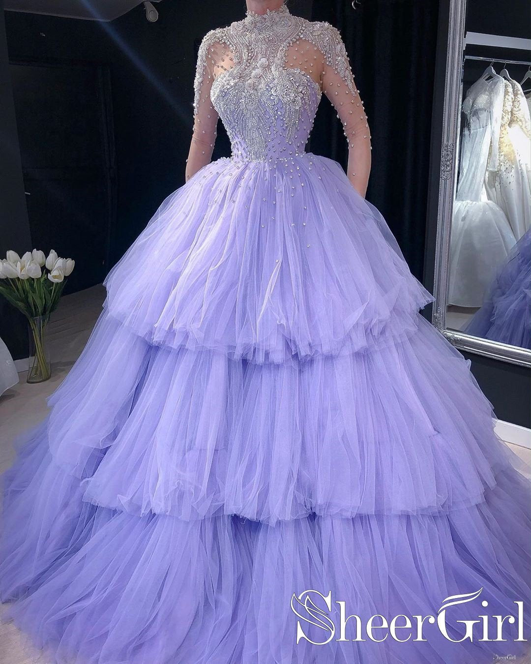 Lilac Ball Gown Sweet 16 Quinceanera Dresses Heavy Beaded Illusion Sle –  SheerGirl