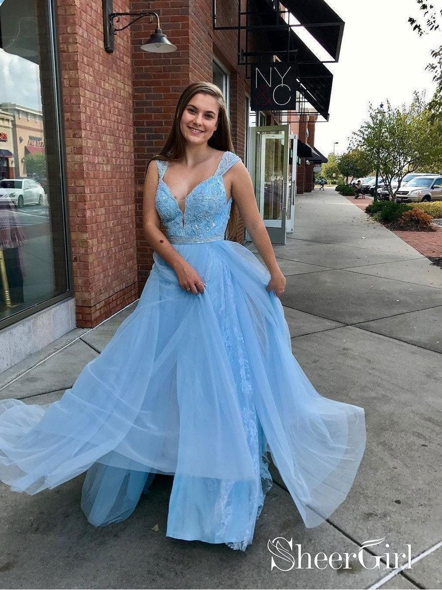 Long Sky Blue Deep V-Neck Evening Gown Prom Dress - TheCelebrityDresses
