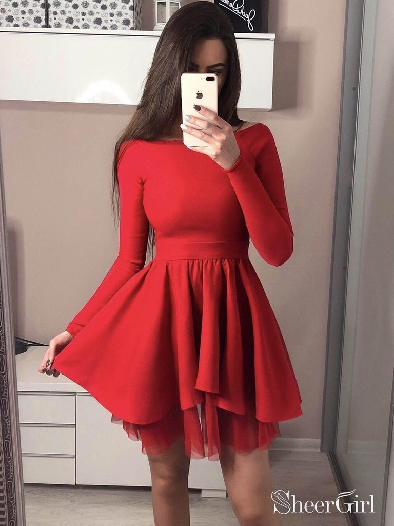 Long Sleeve Black Homecoming Dresses Mini Short Red Prom Dress ARD1733 ...