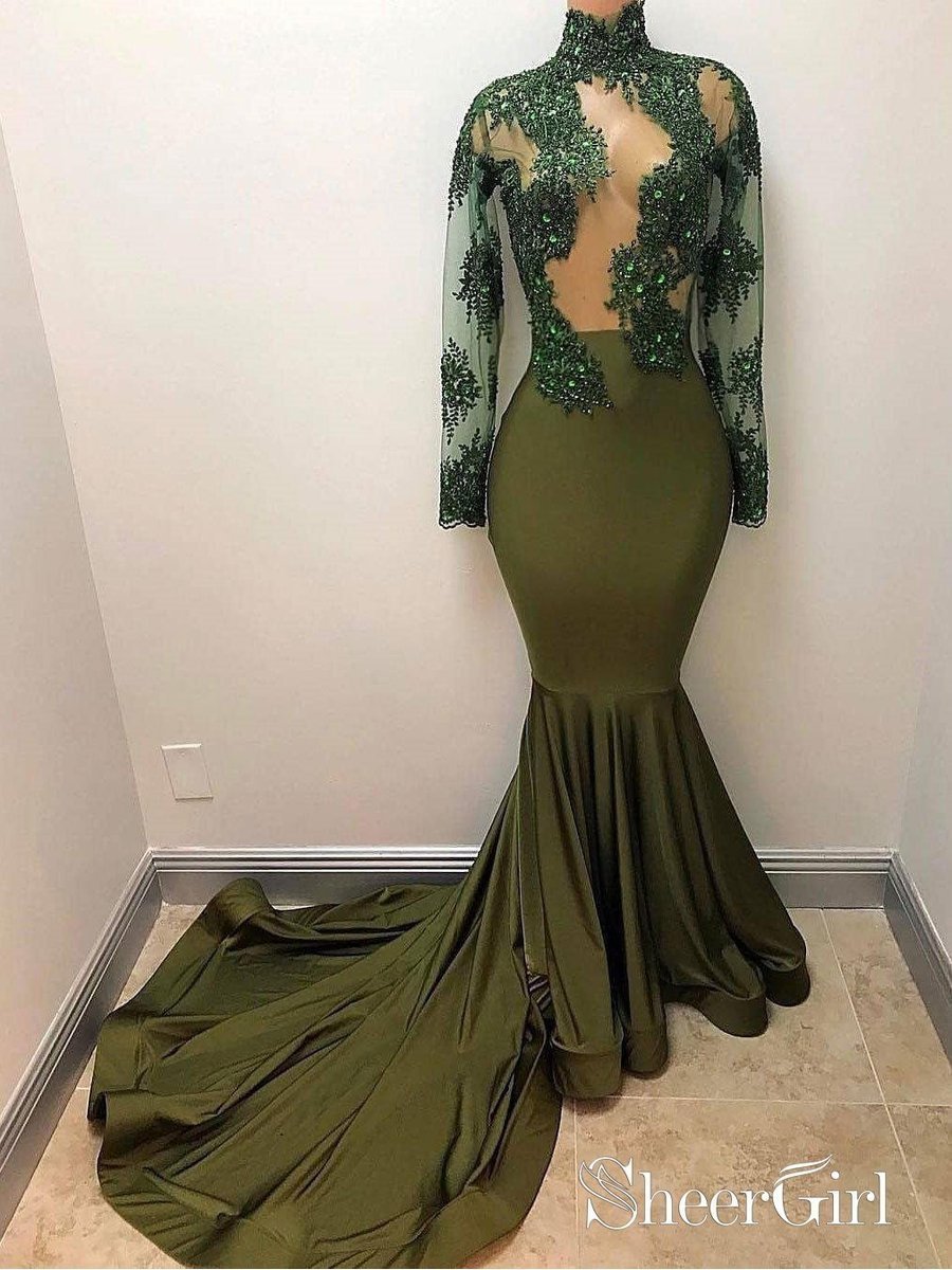 Long Sleeve See Through Beaded Prom Dresses Mermaid Vintage Green ...