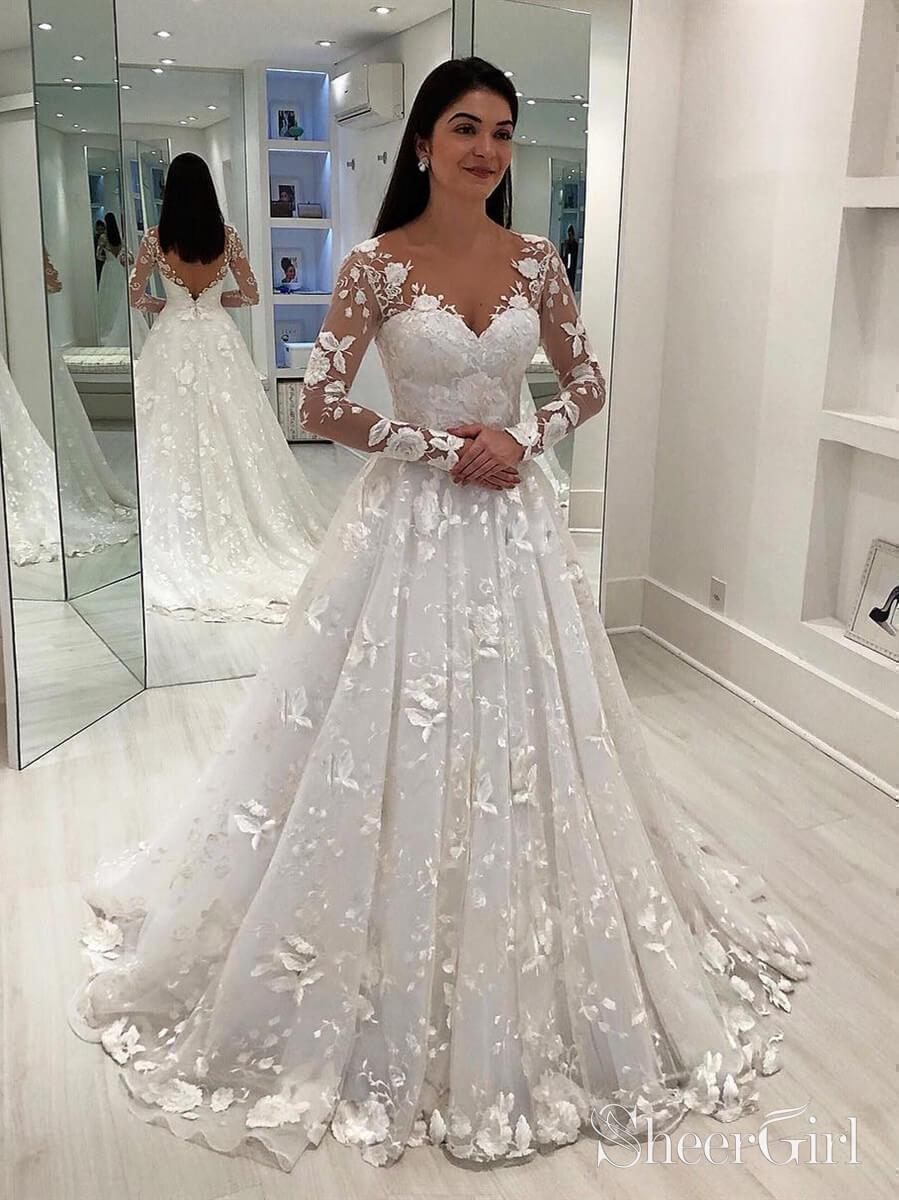 Long Sleeve Vintage Lace Wedding Dresses Modest V Neck Wedding Gown AW ...