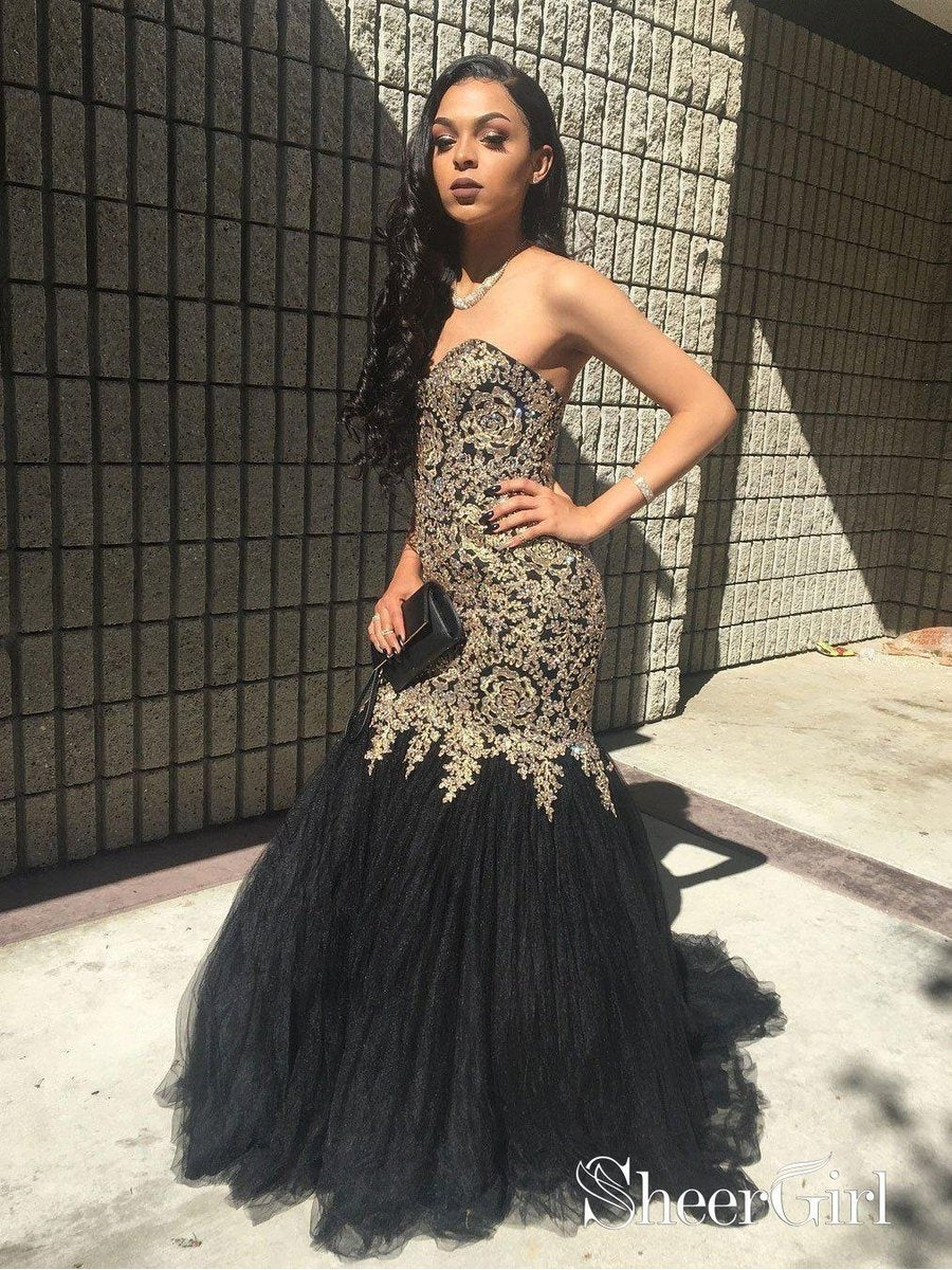 Mermaid Black Prom Dresses Vintage Gold Lace Sexy Formal Dresses ...