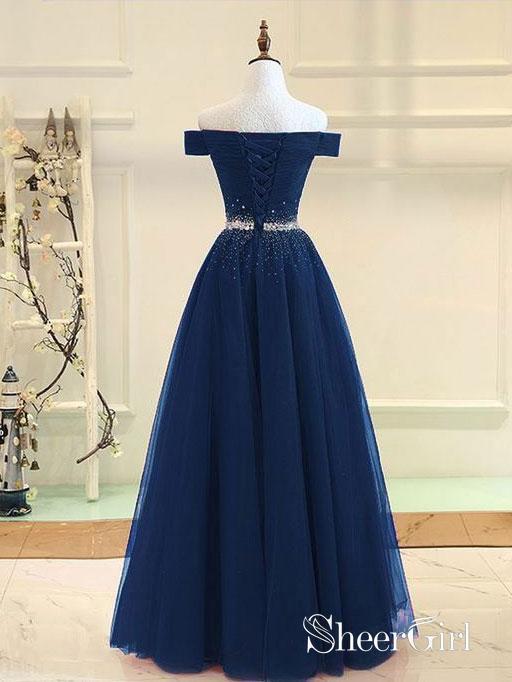 Off the Shoulder Beaded Prom Dresses Navy Blue Pleated Long Quinceanera ...
