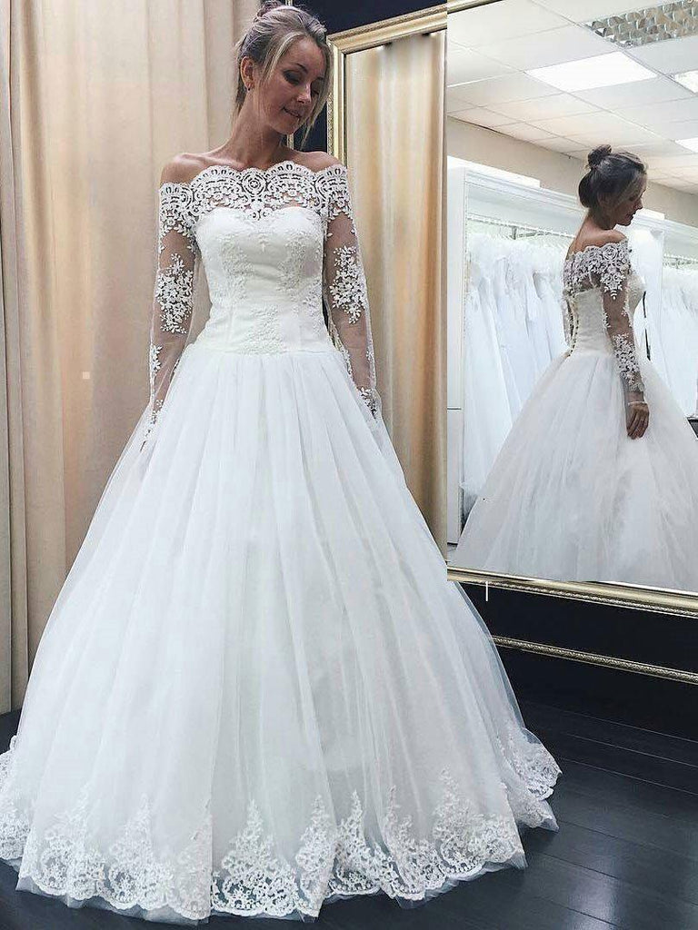 Off the Shoulder Long Sleeves Lace Appliqued Wedding Dresses SWD004 ...