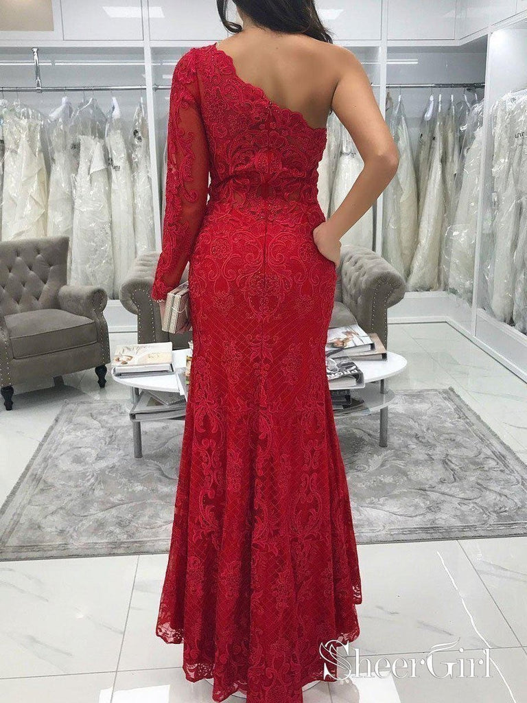 One Shoulder Long Sleeve Red Lace Mermaid Prom Dresses with Slit ...