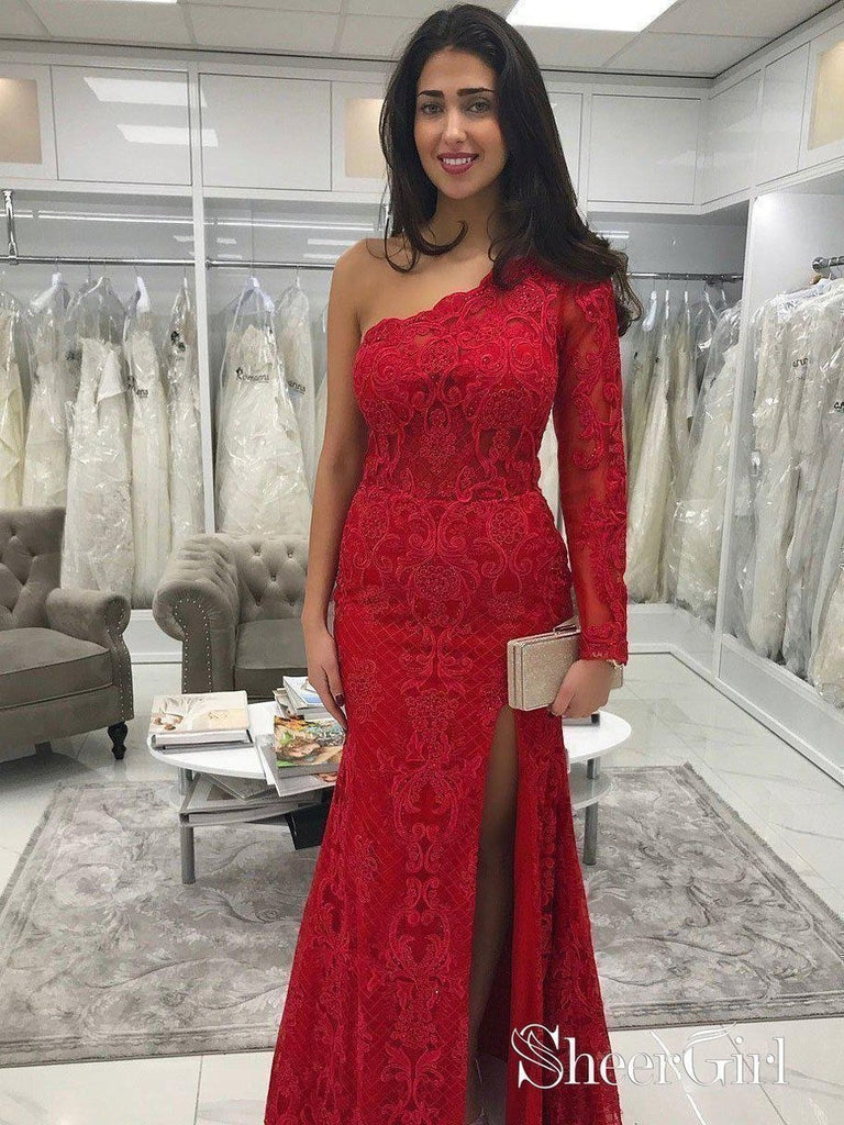 One Shoulder Long Sleeve Red Lace Mermaid Prom Dresses with Slit ...