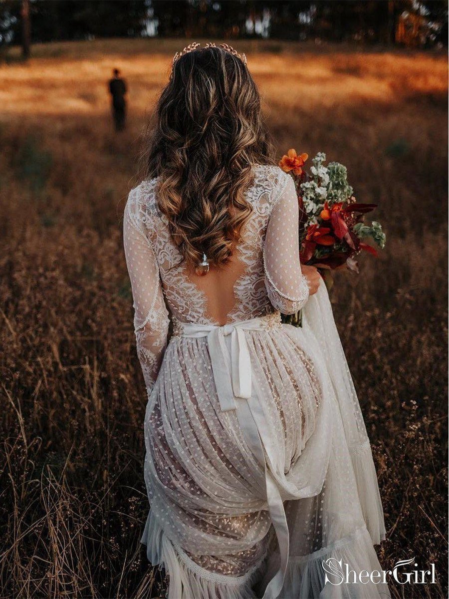 Polka Dot Boho Wedding Dresses Lace Bohemian Wedding Dress with Sleeve ...