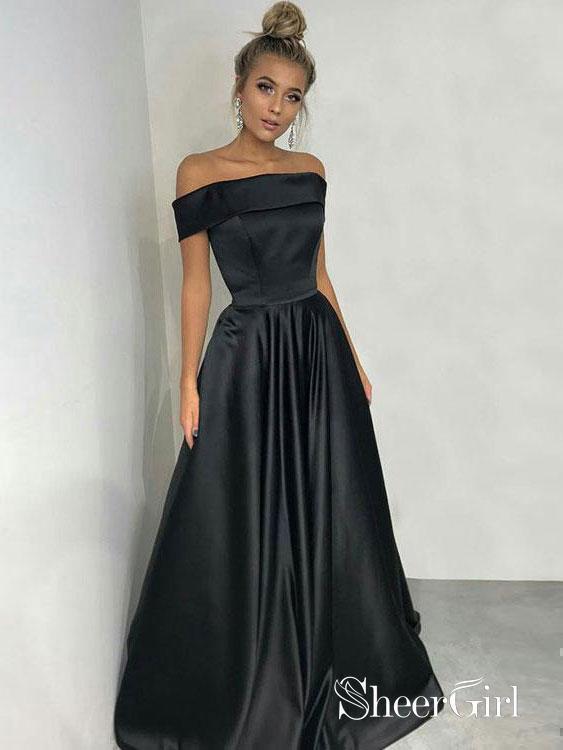 Princess Off the Shoulder Black Satin Long Simple Prom Dresses APD2996 ...