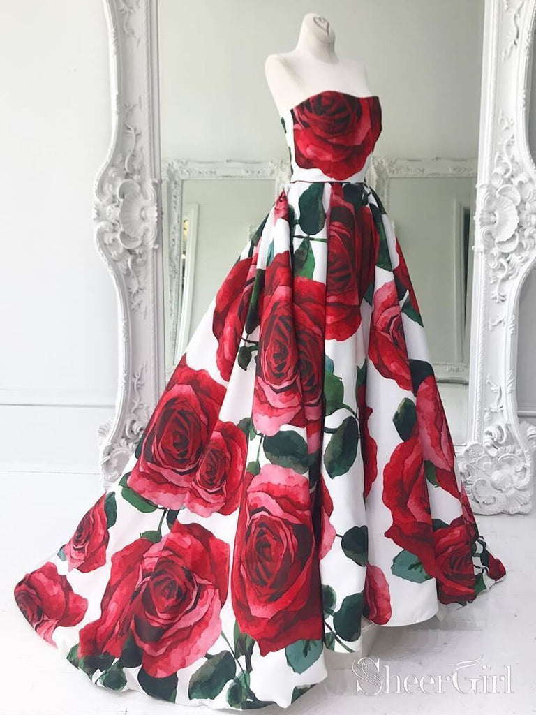 Rose Red Floral Long Prom Dresses with Pockets Strapless Prom Gown ARD ...