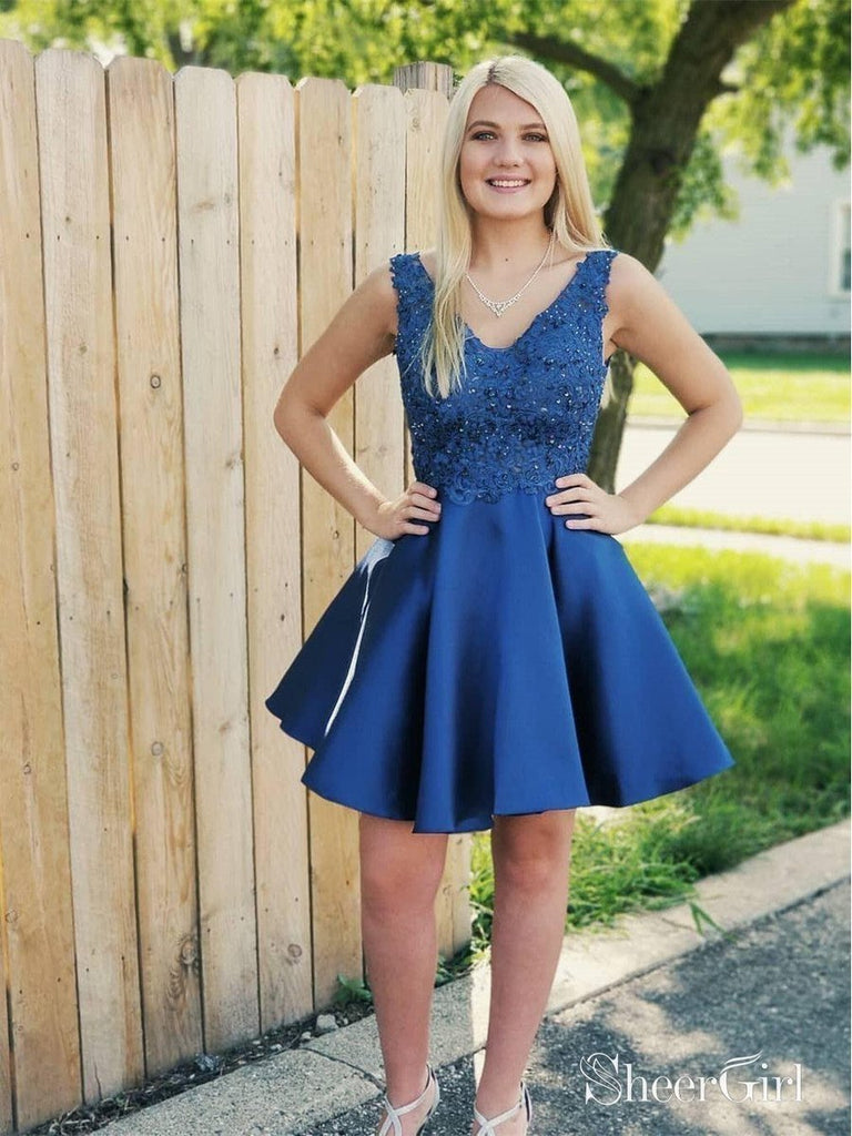 Royal Blue Lace Applique Homecoming Dresses Backless Short Prom Dress ...