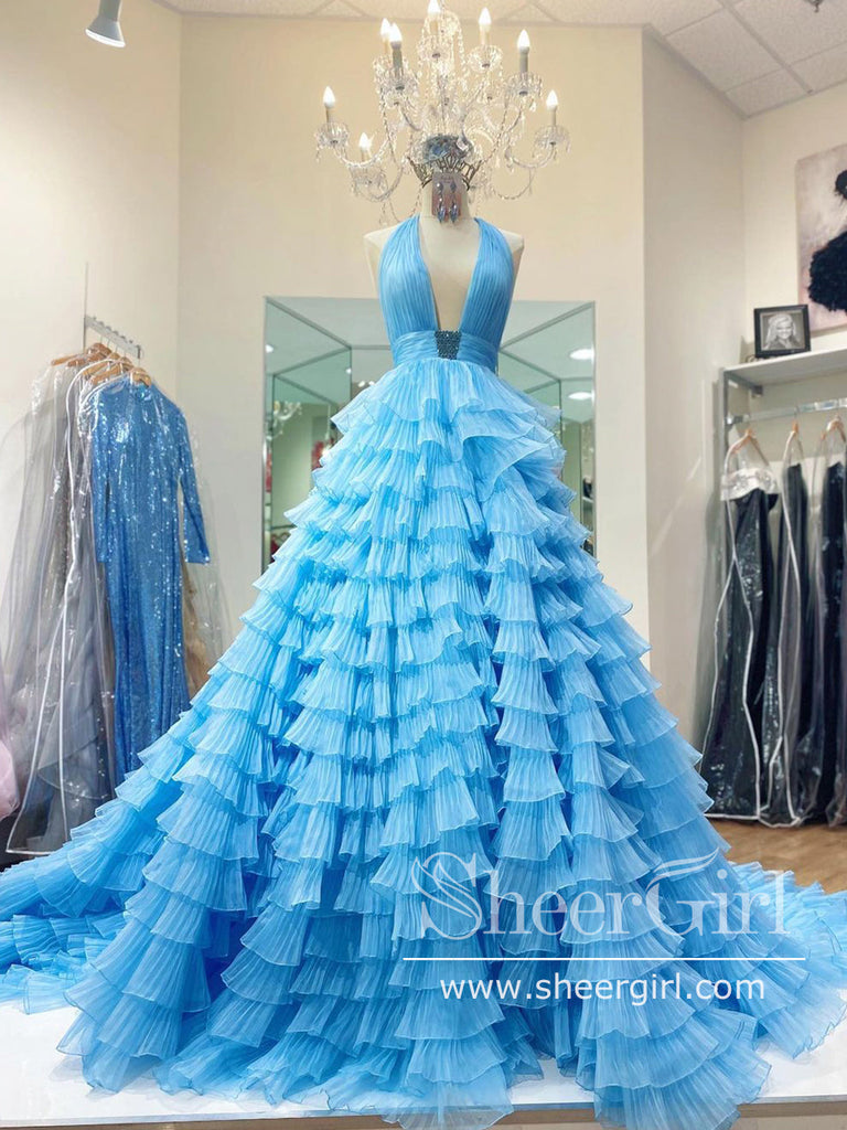Ruffled Organza Ball Gown V Neckline Long Prom Dress with Sweep Train ...