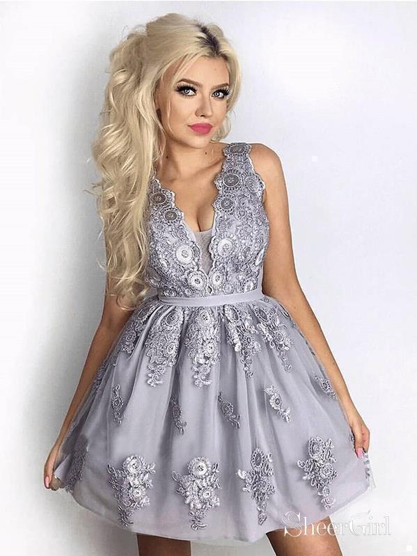 Silver Grey Lace Appliqued Homecoming Dresses V Neck Cheap Short Prom ...