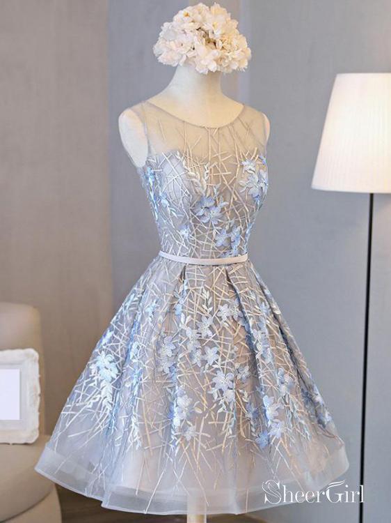 Silver Lace Applique Homecoming Dresses Embroidered Short Prom Dress ...