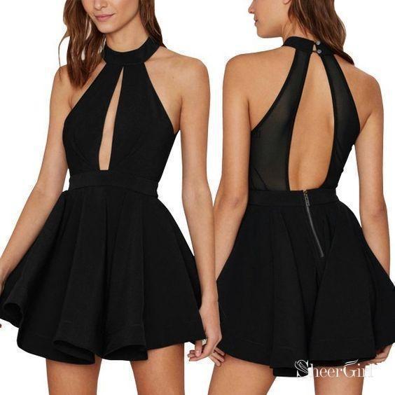 Simple Cheap Halter Homecoming Dresses Backless Black Cocktail Dress ...