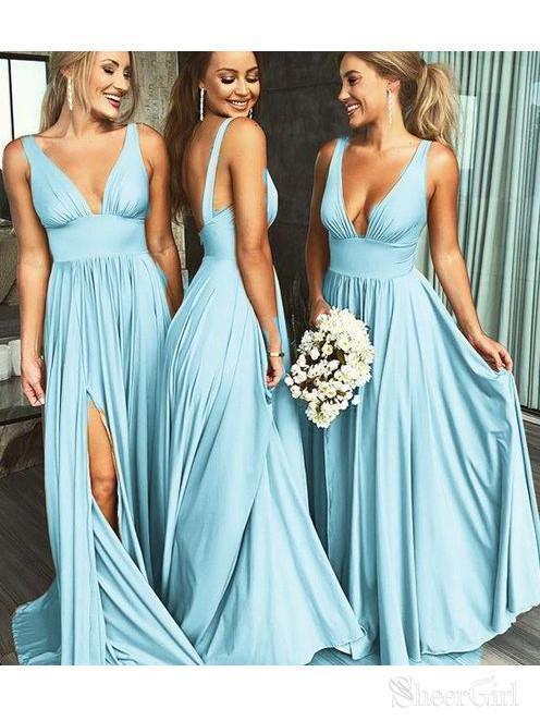 Simple Cheap Long Bridesmaid Dresses with Slit V Neck Formal Dress PB1 ...