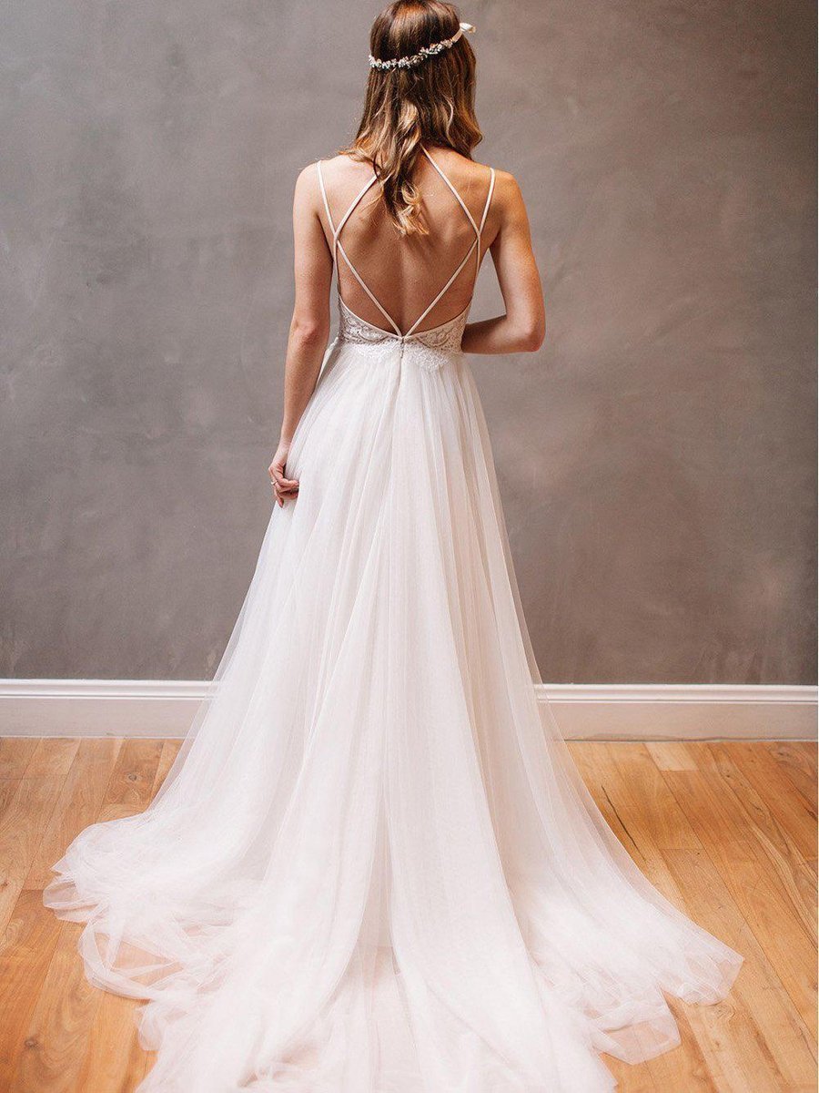 Spaghetti Strap Ivory Tulle Beach Wedding Dresses Rhinestone Backless  Bridal Dress AWD1271