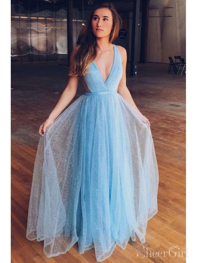 Sparkly Tulle Sky Blue Prom Dresses V Neck Fittle Prom Dress Long ARD2 ...