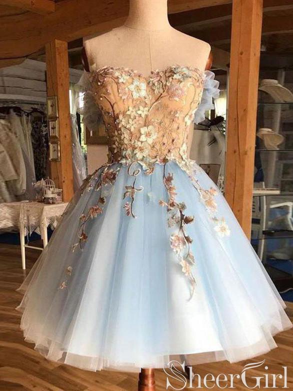 Strapless Light Blue Homecoming Dresses Lace Applique Beaded Formal Dr ...