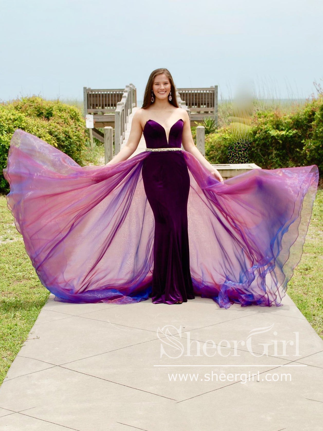 Strapless V Neck Mermaid Velvet Prom Dress with Removable Tulle Train  ARD2732, SheerGirl