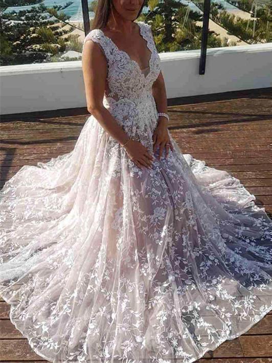 Summer Beach Wedding Dresses Lace Applique V Neck Plus Size Wedding Dr Sheergirl 5437