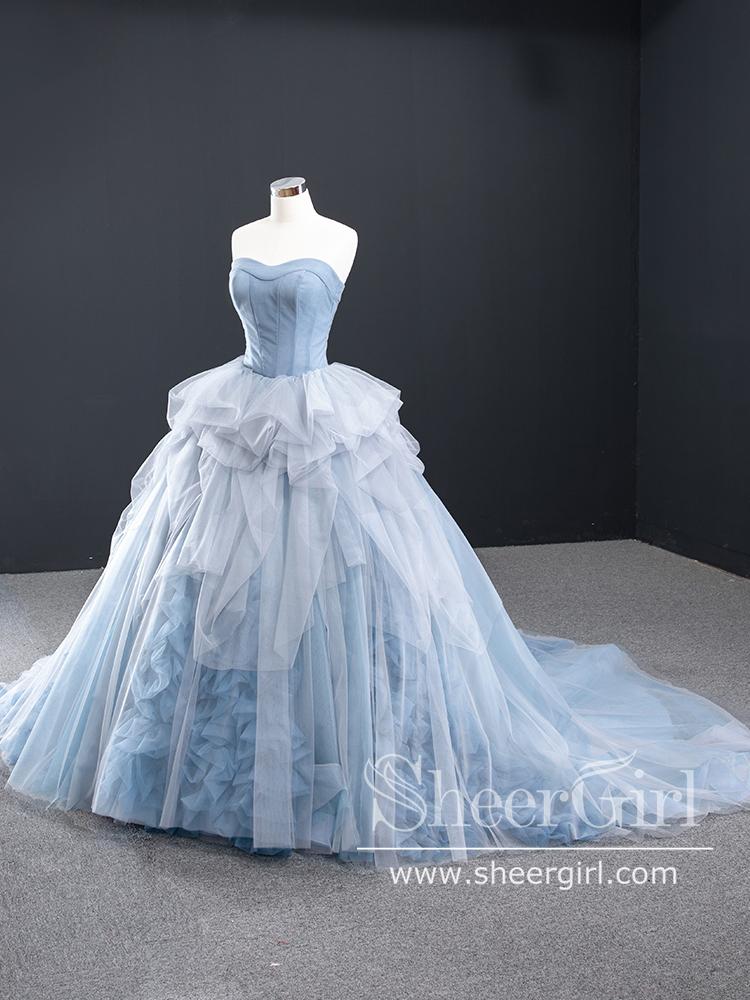 Sweetheart Neckline Ruffled Tulle Ball Gown Court Train Prom Dress wit ...