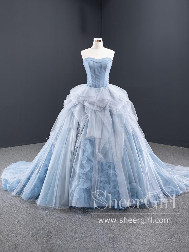 Sweetheart Neckline Ruffled Tulle Ball Gown Court Train Prom Dress wit ...