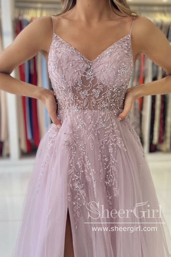 Tulle Long Evening Dress See Through Beaded Bodice A-Line Prom