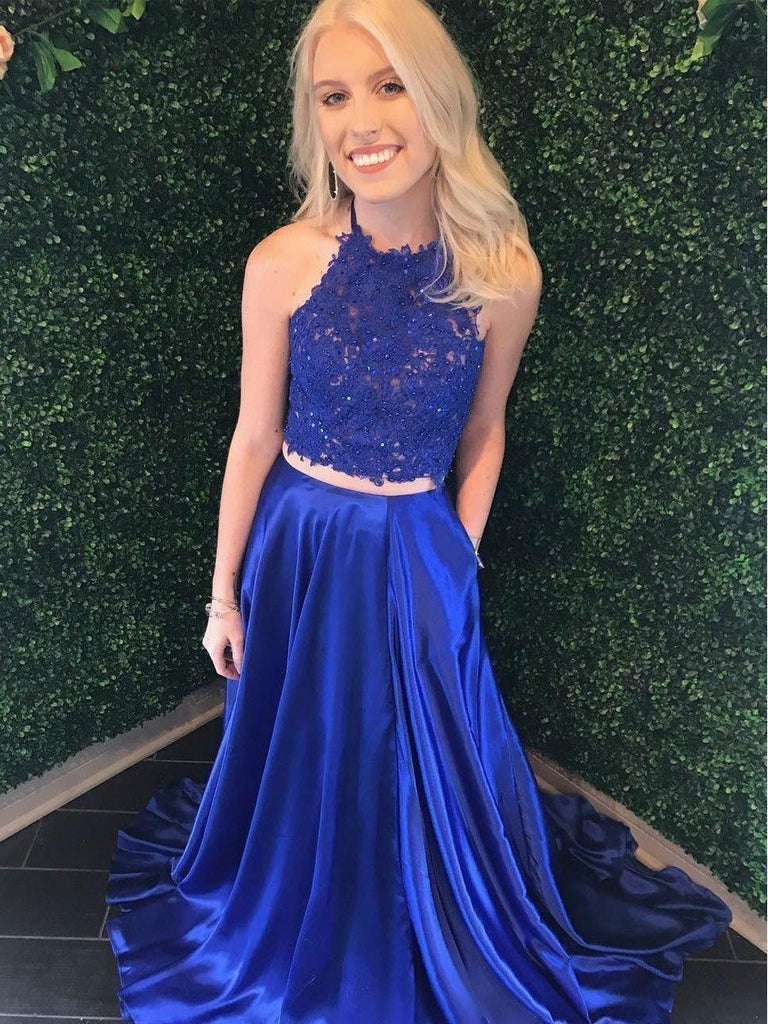 Two Piece A Line Lace Formal Dress Beaded Royal Blue Long Prom Dresses ...