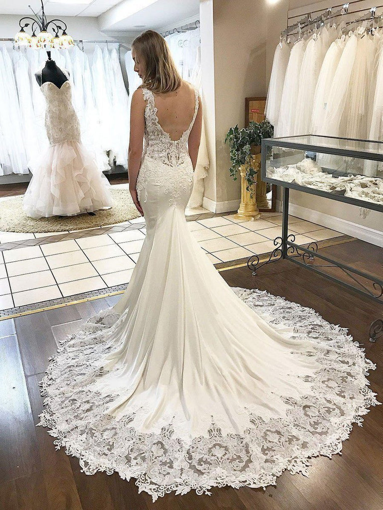 V-neck Lace Appliqued Mermaid Wedding Dresses with Chapel Train SWD004 ...