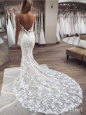 Lace Mermaid Wedding Dresses with Sheer Neck and Open Back, Court Train  Bridal Gowns with Appliques