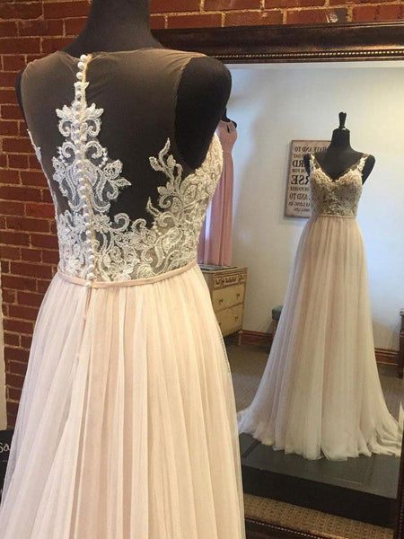 A Line Lace Appliqued Top Tulle Skirt Summer Beach Wedding Dresses