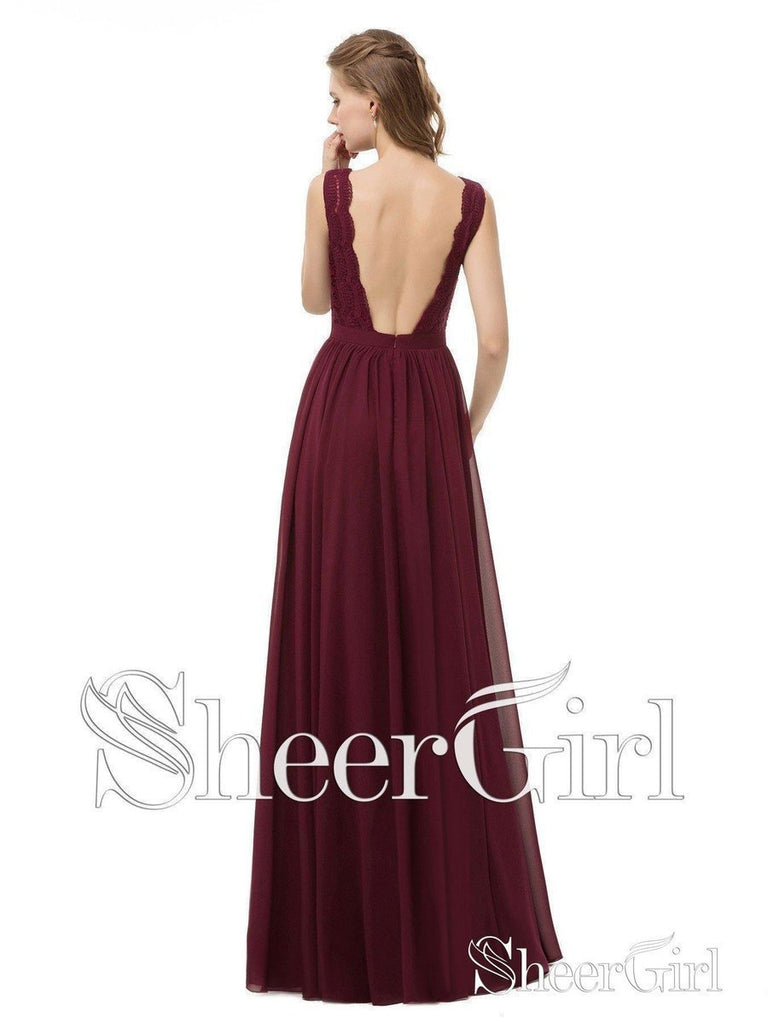 Lace And Chiffon Burgundy Bridesmaid Dresseslong Simple Prom Dresses Sheergirl 