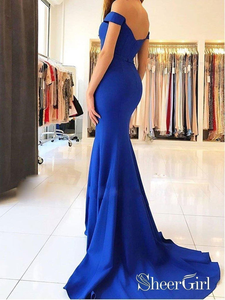 Royal Blue Mermaid Prom Dresses with Train,Simple Cheap Evening Dresse