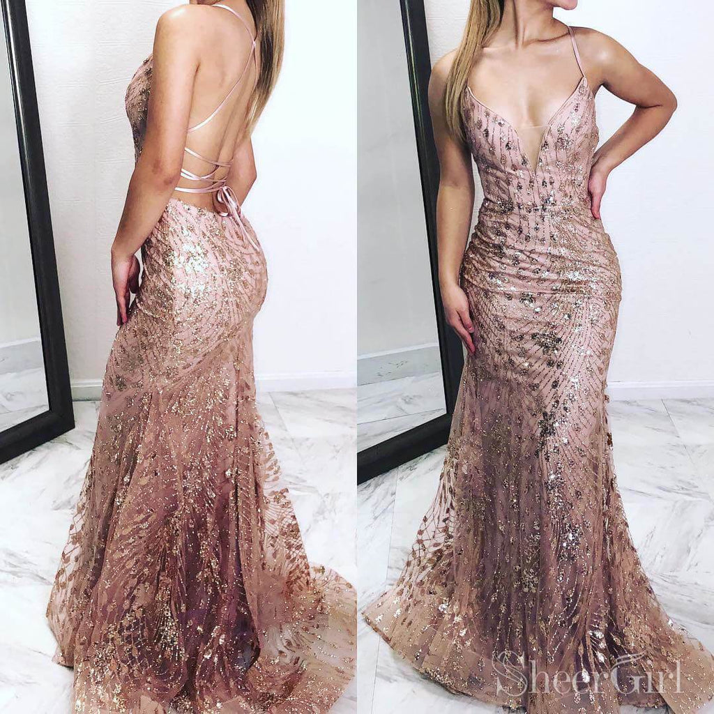 Sexy Gold Pink Mermaid Prom Dresses V Neck Backless Pageant Dress ARD2 ...